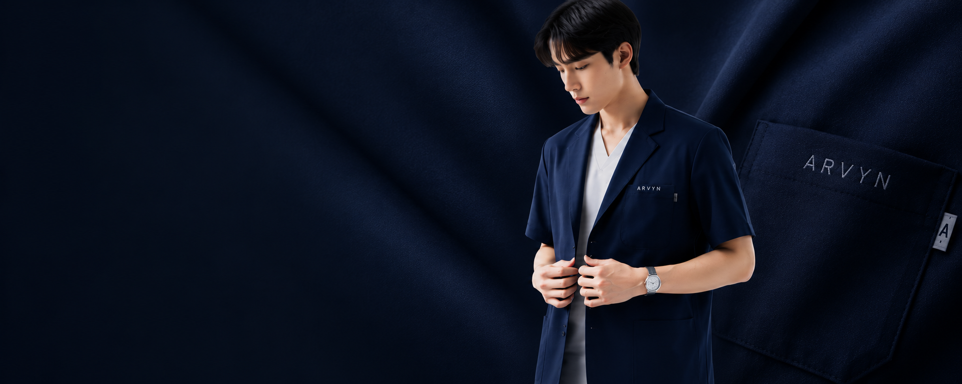 เสื้อกาวน์ ARVYN ทรงสั้น สีกรมท่า ตัดเย็บที่ขอนแก่น