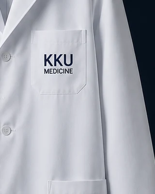เสื้อกาวน์ยาว ARVYN — ปักตรา KKU Medicine ที่กระเป๋าอกซ้าย เห็นกระดุมและสาบหน้า